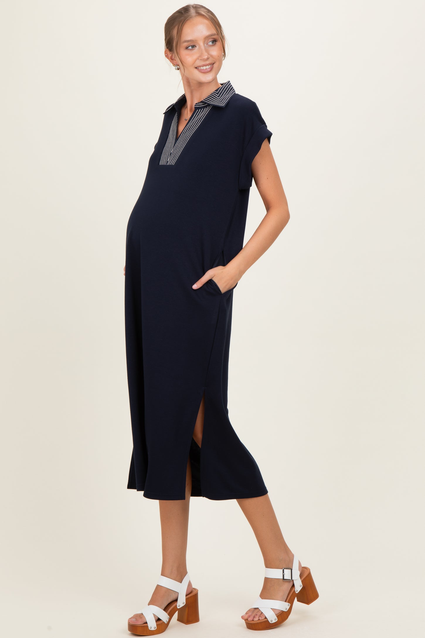 Navy Striped Collared Side Slit Maternity Midi Dress