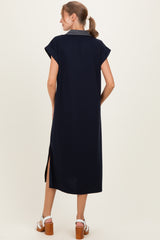 Navy Striped Collared Side Slit Maternity Midi Dress