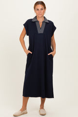Navy Striped Collared Side Slit Maternity Midi Dress
