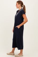 Navy Striped Collared Side Slit Midi Dress