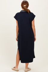 Navy Striped Collared Side Slit Midi Dress