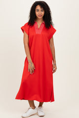 Red Striped Collared Side Slit Midi Dress