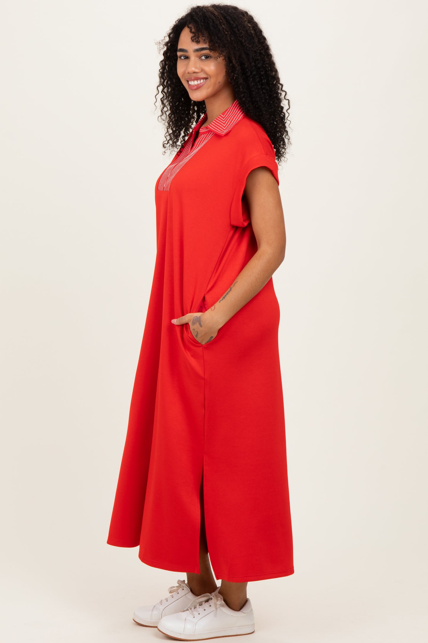 Red Striped Collared Side Slit Midi Dress