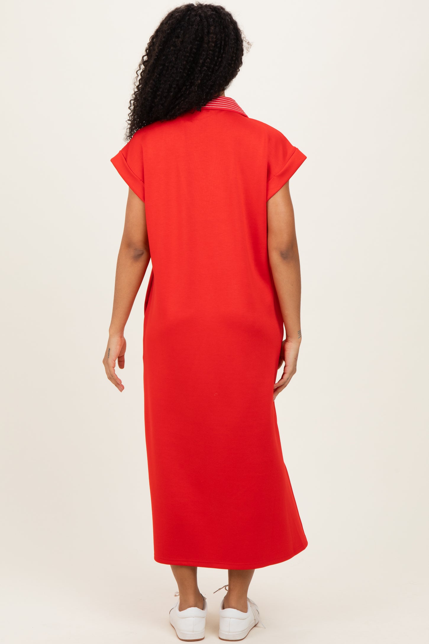Red Striped Collared Side Slit Midi Dress