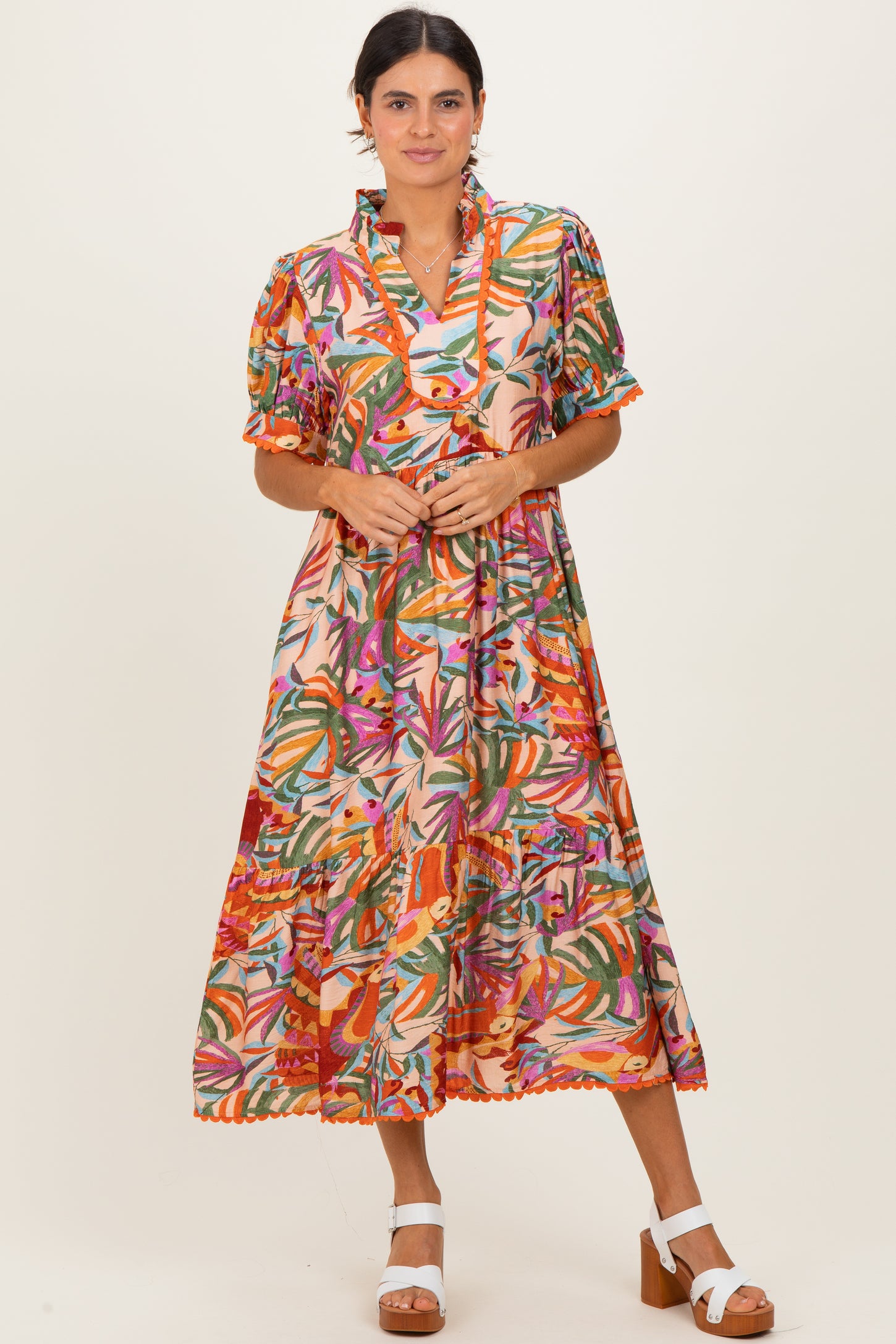 Pink Mix Leaf Print Pocketed Maternity Midi Dress