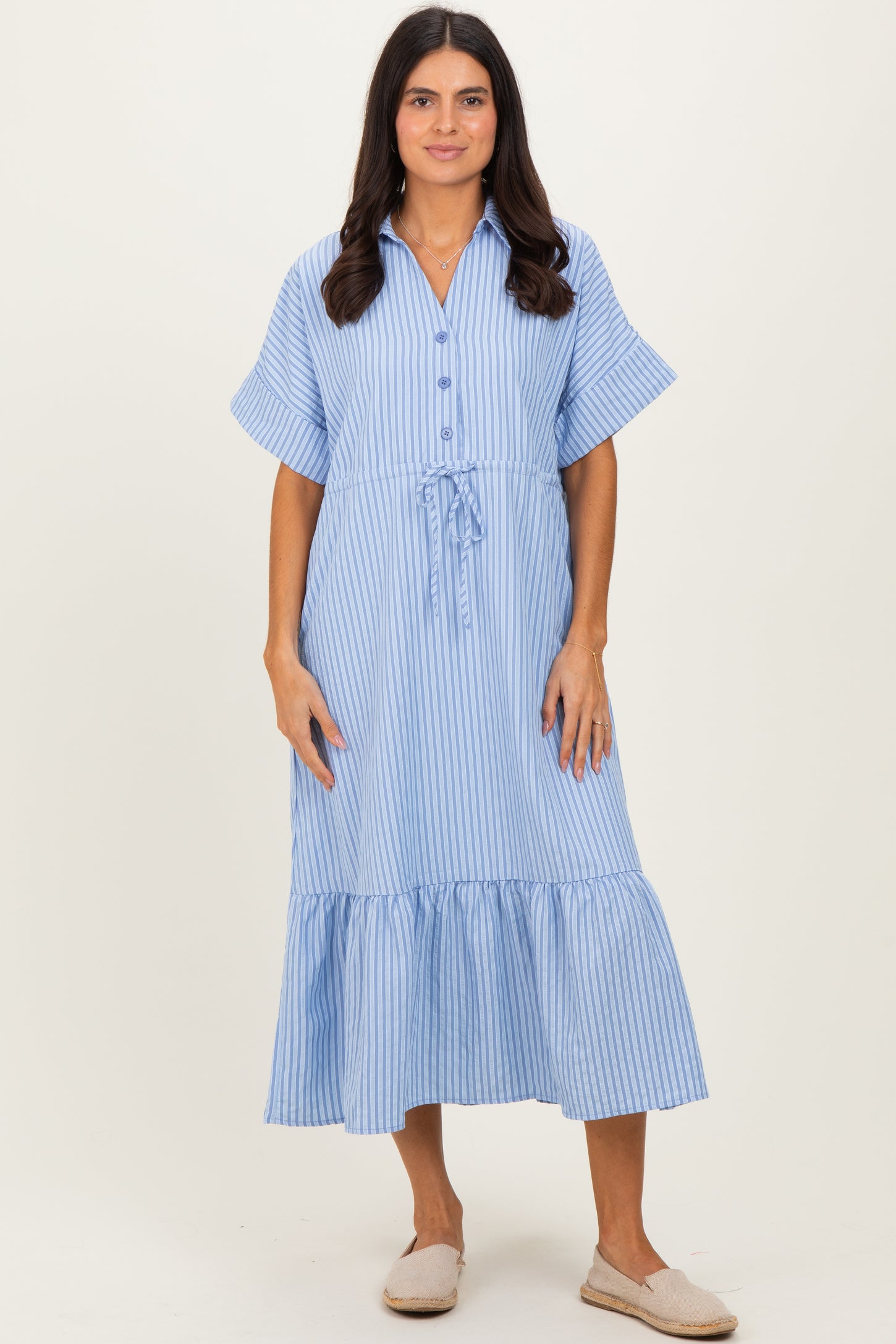 Light Blue Striped Button Collared Maternity Midi Dress