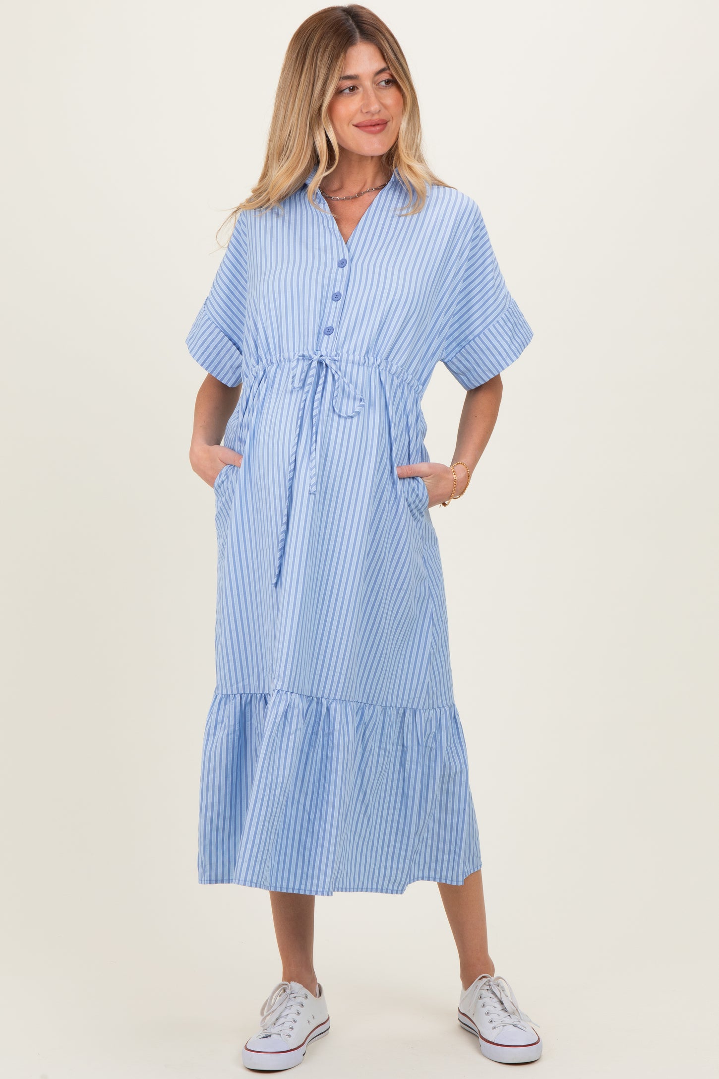 Light Blue Striped Button Collared Maternity Midi Dress