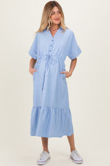 Light Blue Striped Button Collared Maternity Midi Dress