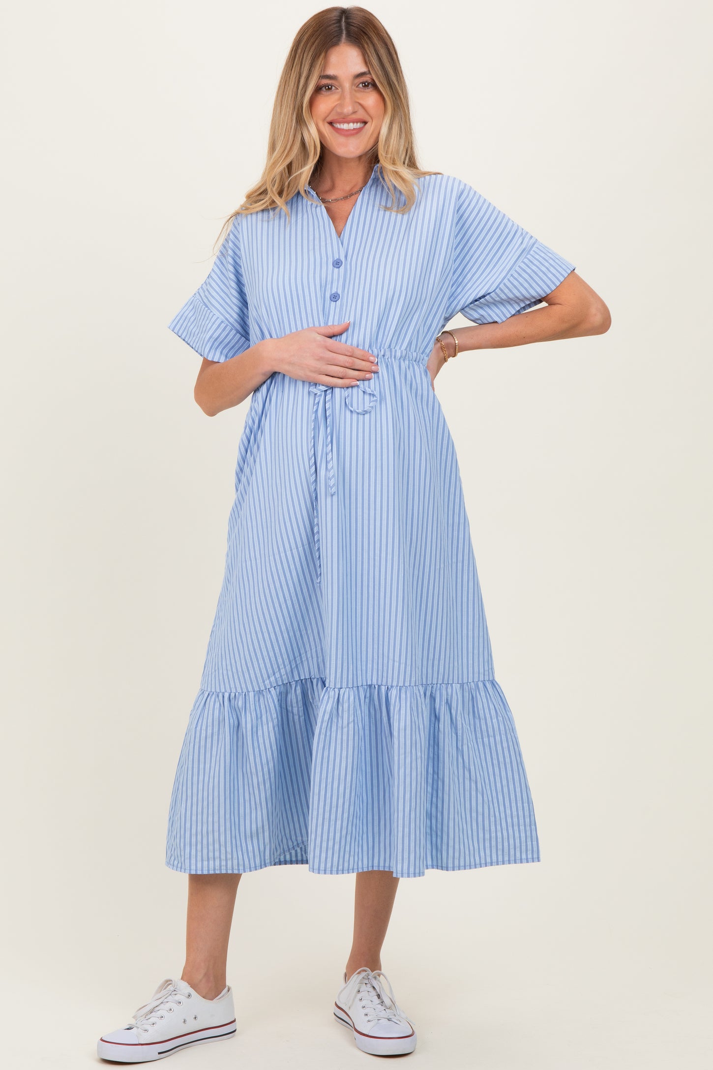Light Blue Striped Button Collared Maternity Midi Dress