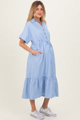 Light Blue Striped Button Collared Maternity Midi Dress