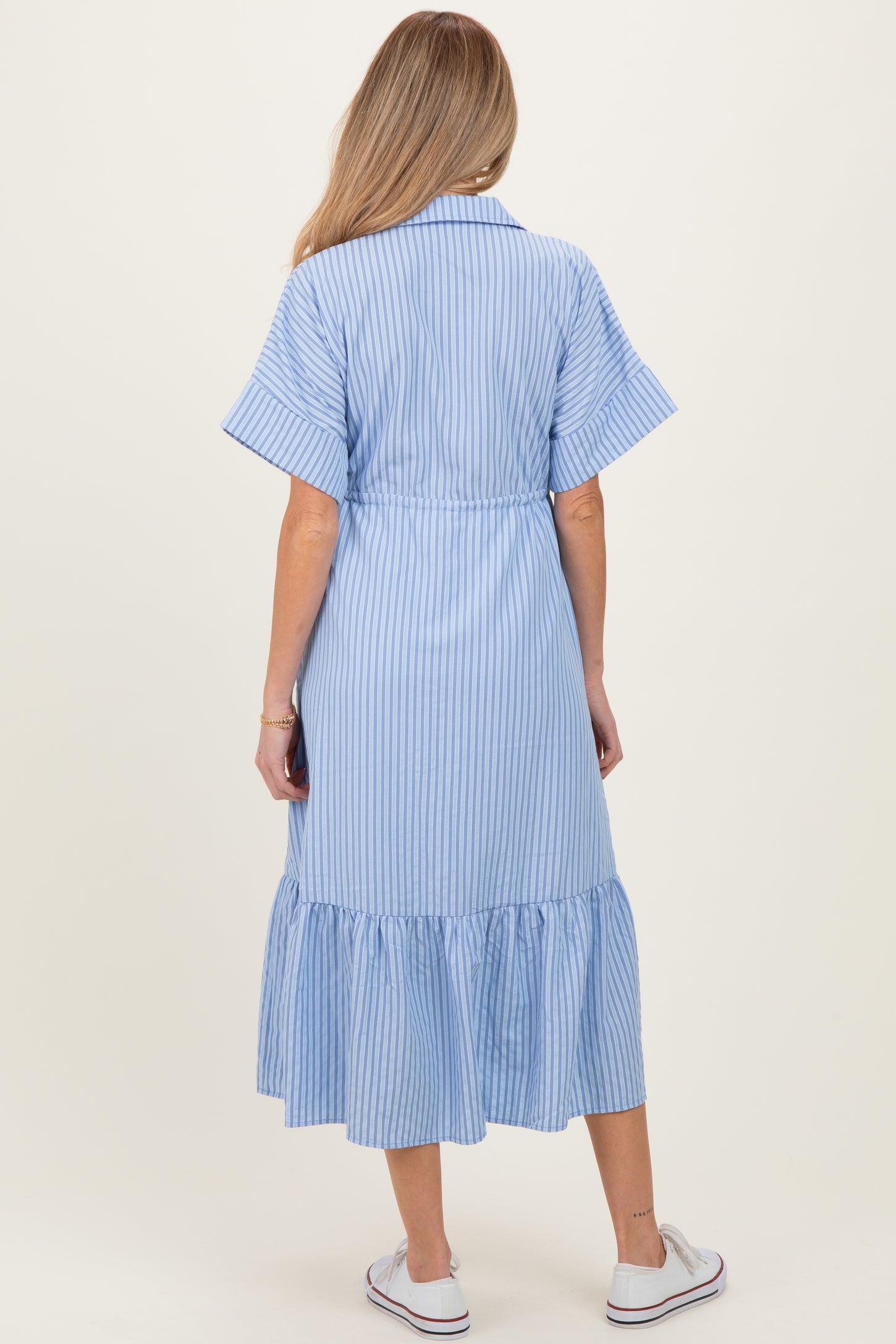 Light Blue Striped Button Collared Maternity Midi Dress