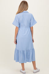 Light Blue Striped Button Collared Maternity Midi Dress