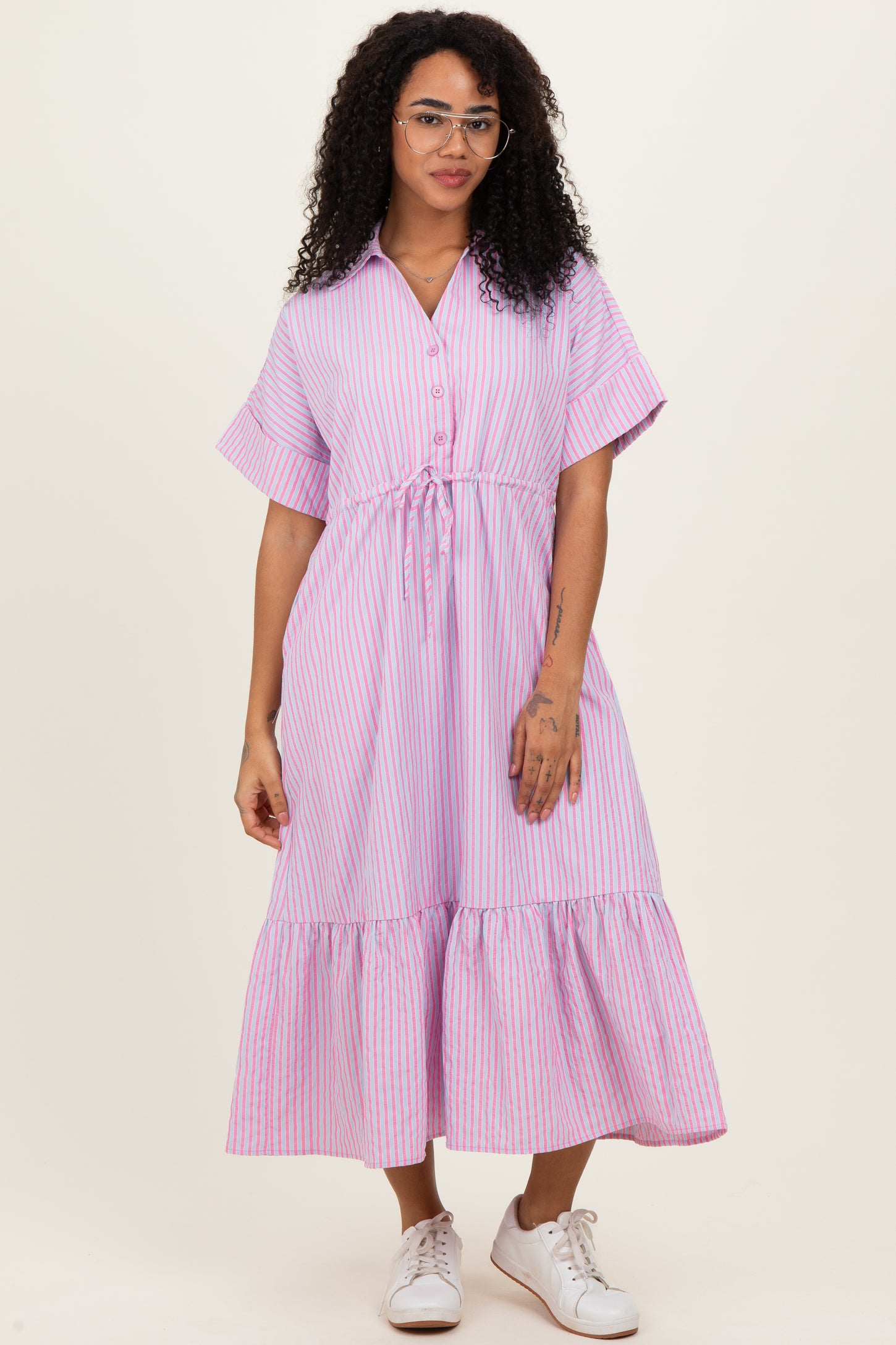 Pink Striped Button Collared Midi Dress