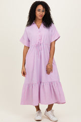 Pink Striped Button Collared Midi Dress