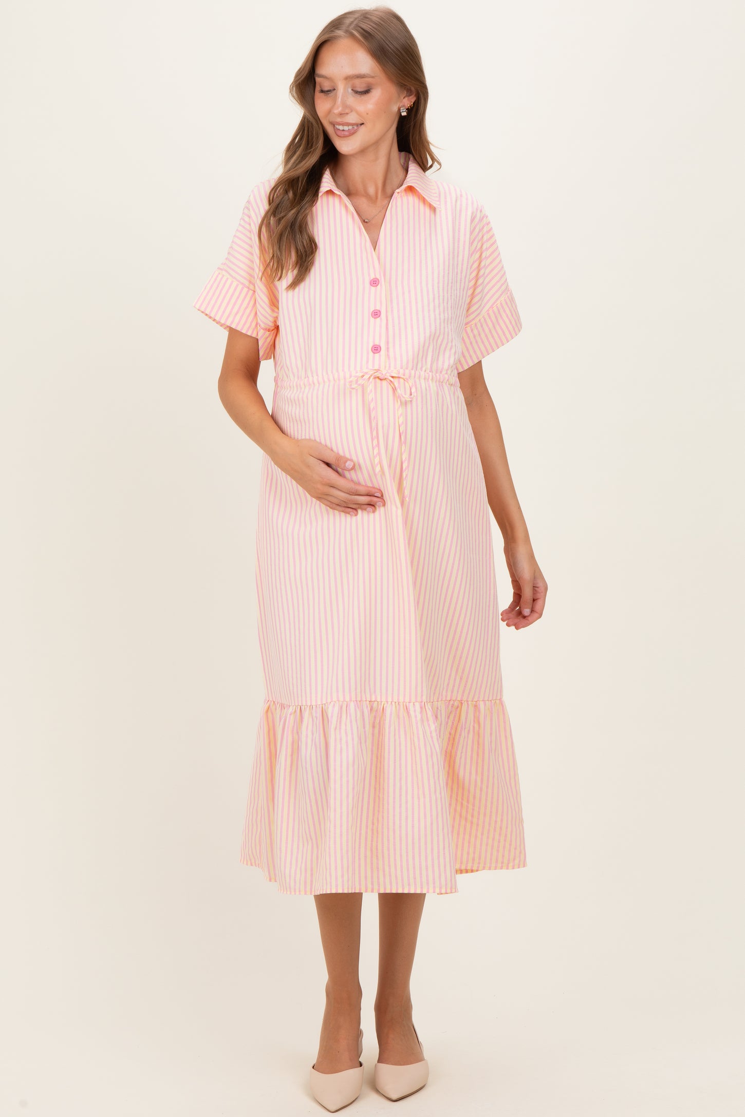 Yellow Striped Button Collared Maternity Midi Dress