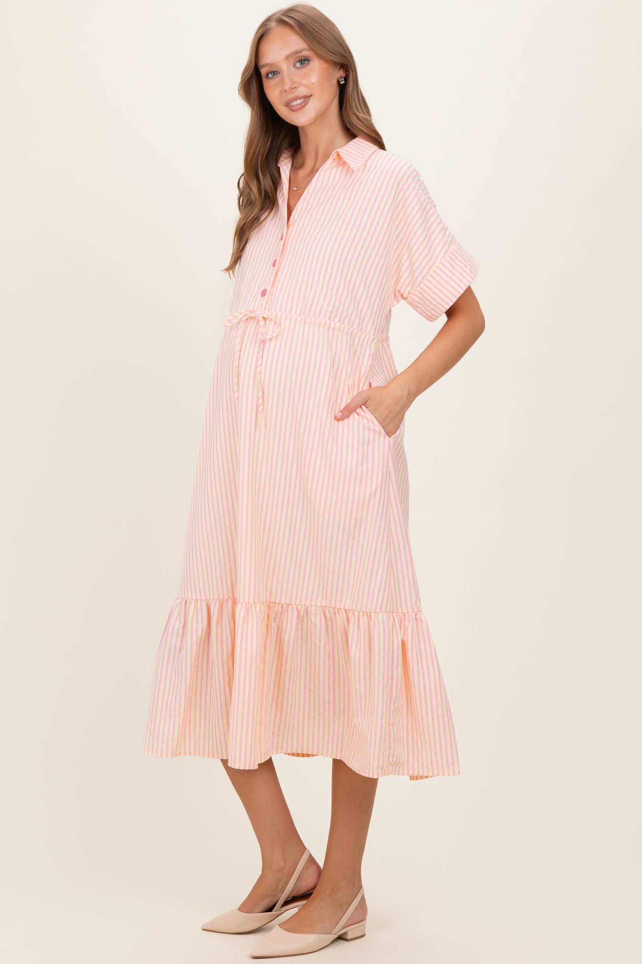 Yellow Striped Button Collared Maternity Midi Dress