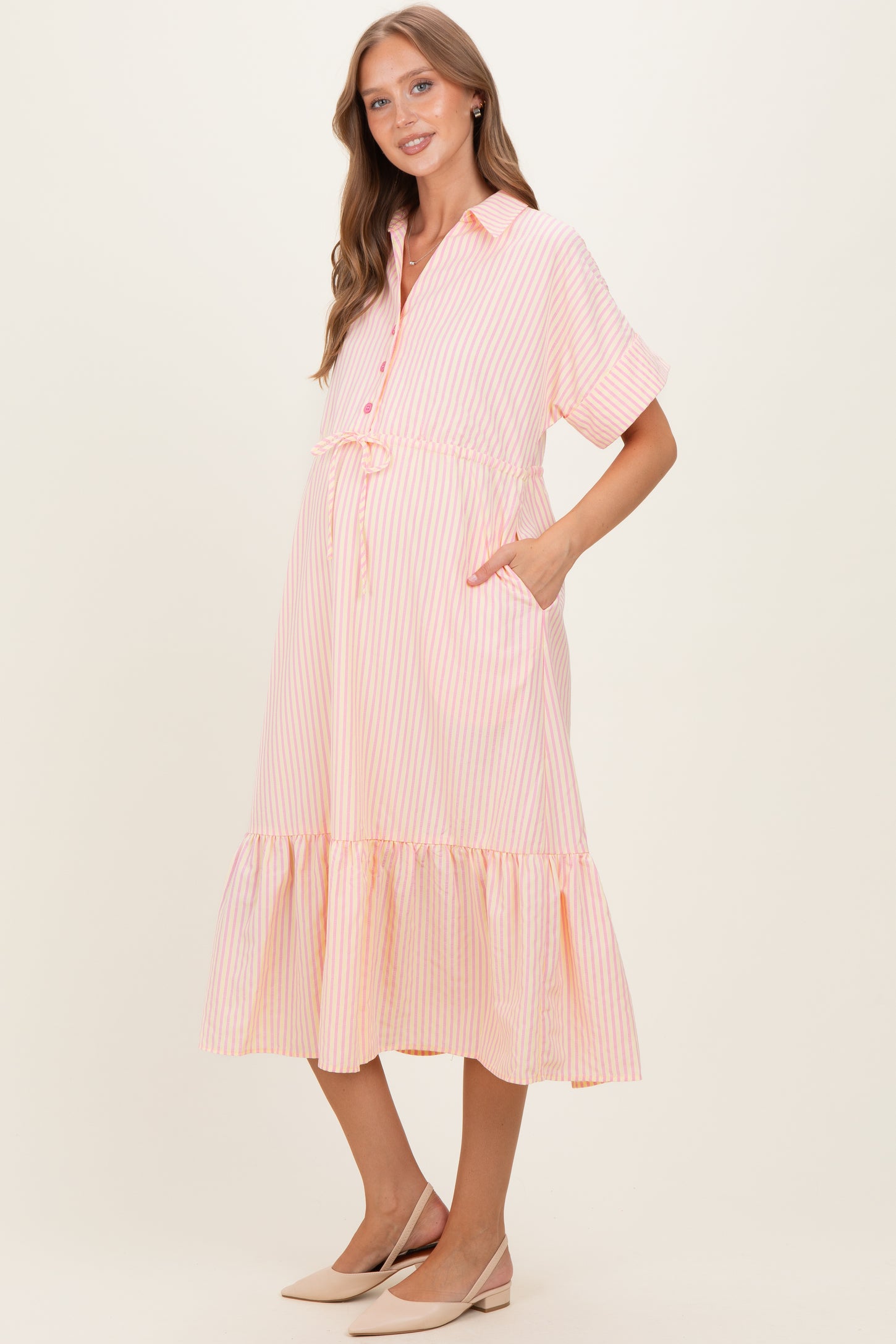 Yellow Striped Button Collared Maternity Midi Dress