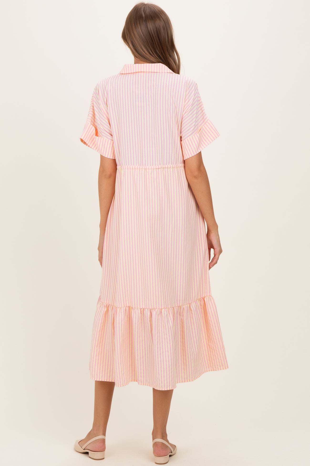 Yellow Striped Button Collared Maternity Midi Dress