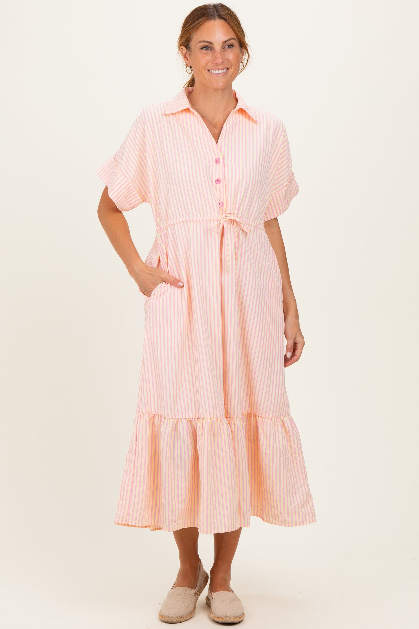 Yellow Striped Button Collared Midi Dress