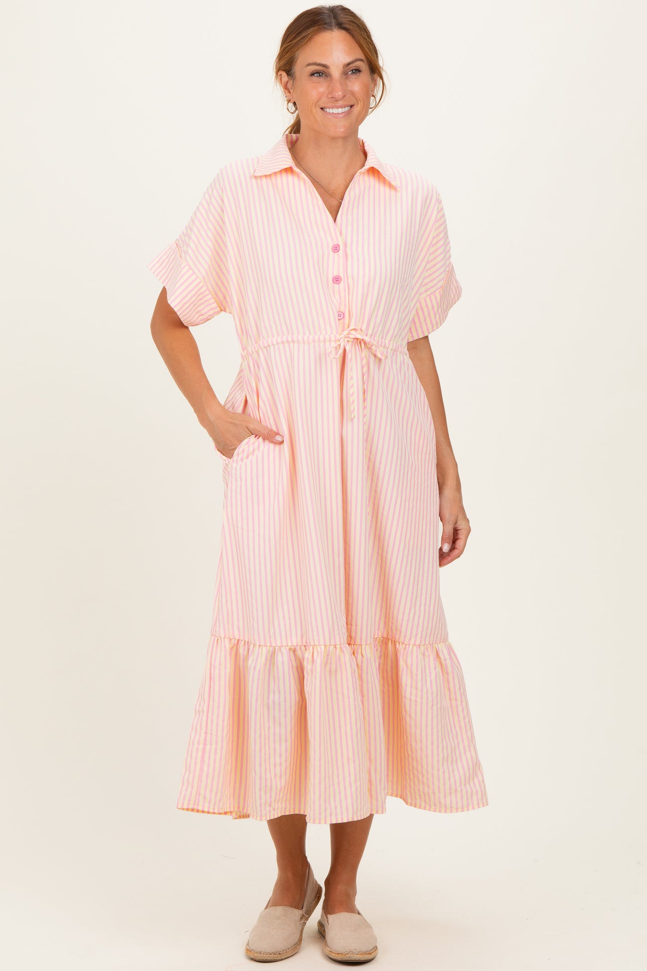 Yellow Striped Button Collared Maternity Midi Dress