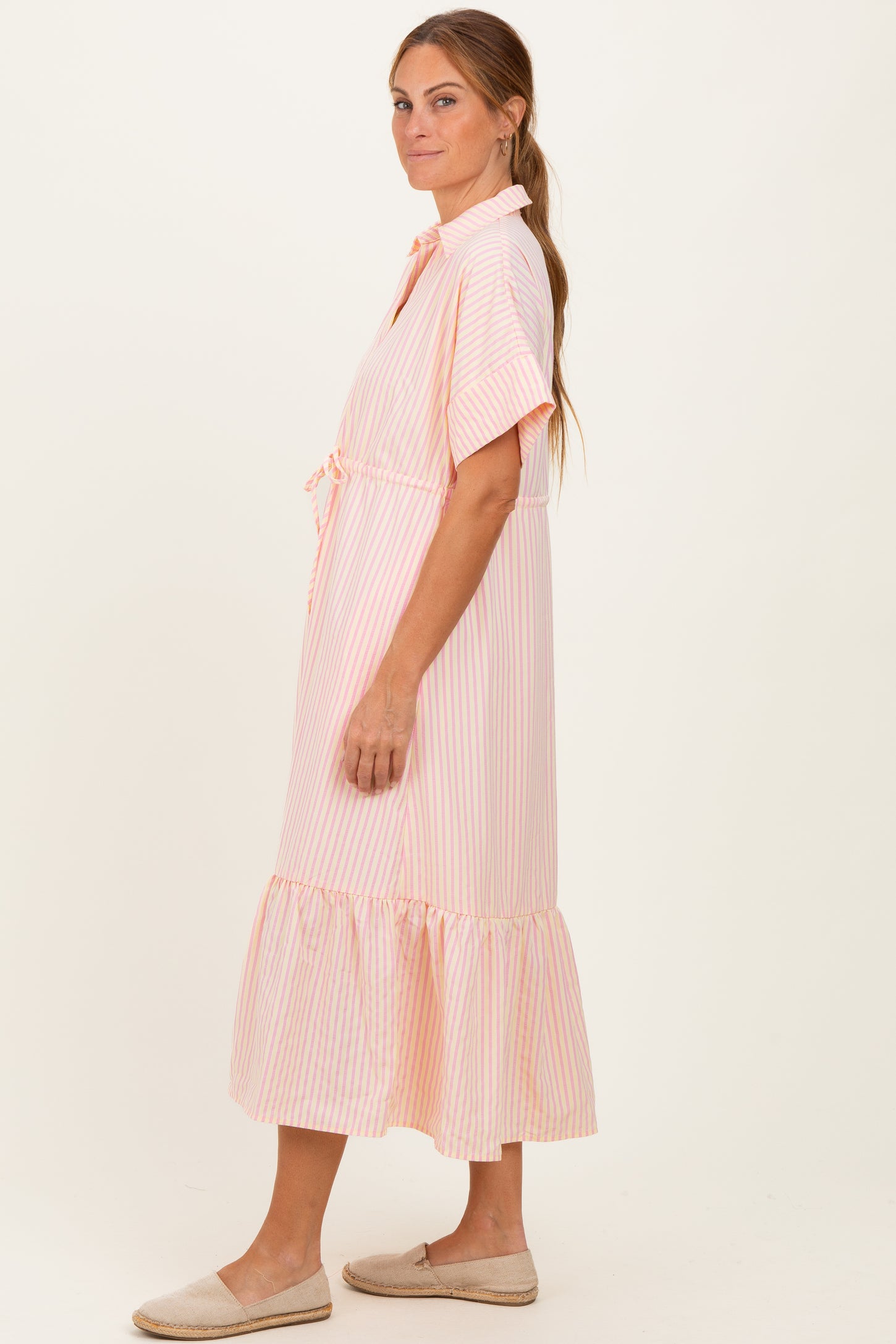 Yellow Striped Button Collared Midi Dress