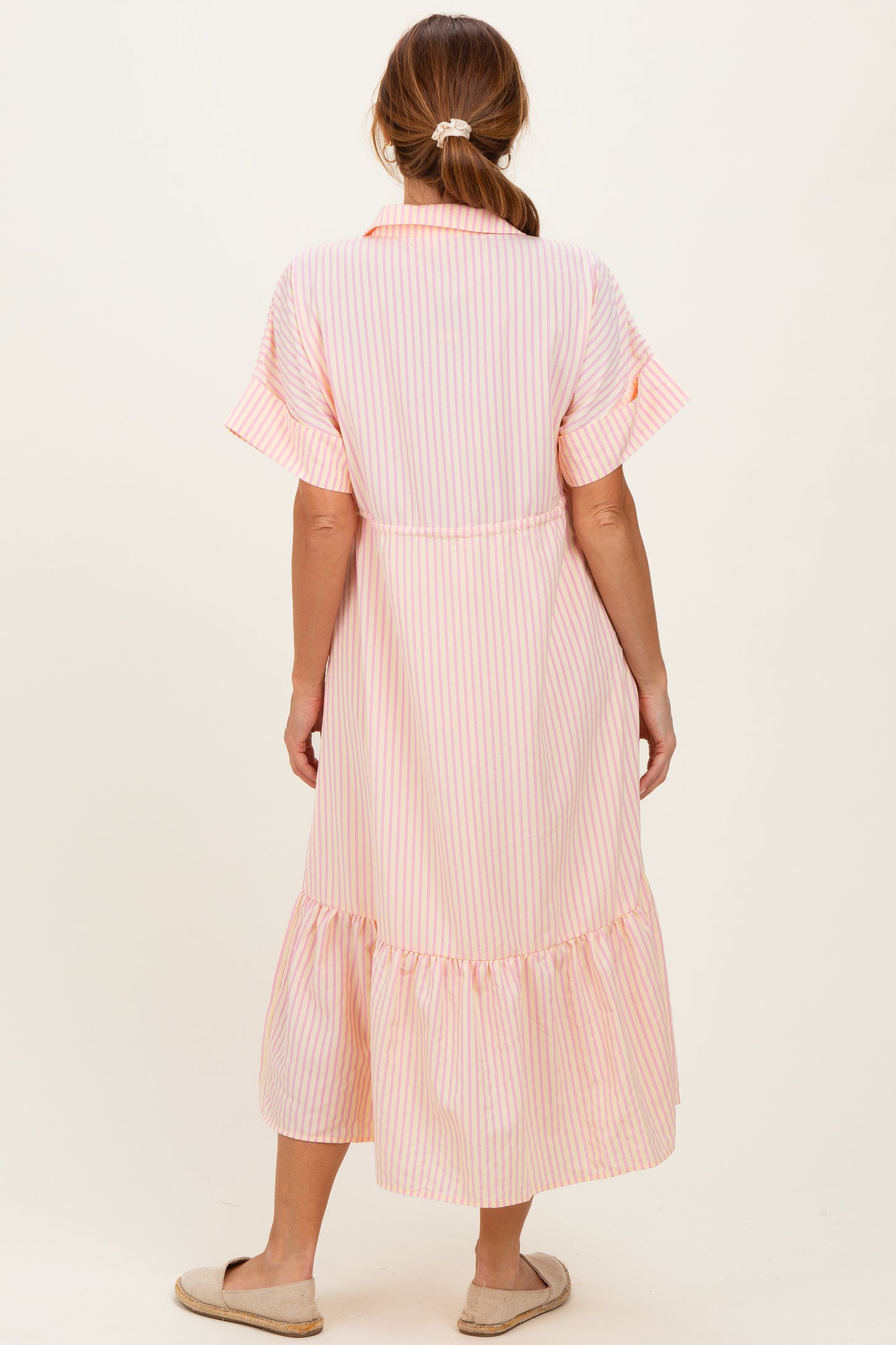 Yellow Striped Button Collared Midi Dress