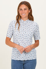 Blue Floral Ruffle Trim Short Sleeve Maternity Top