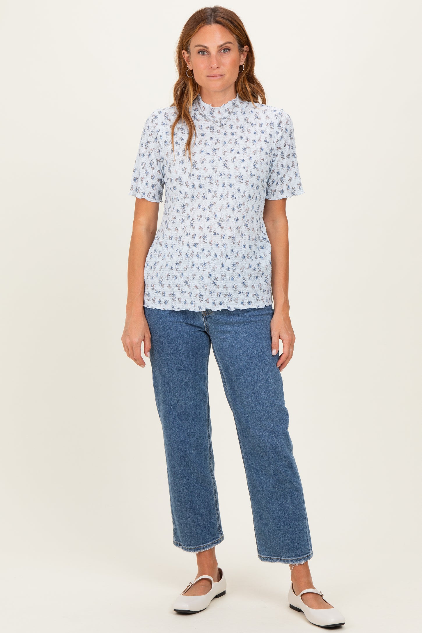 Blue Floral Ruffle Trim Short Sleeve Top