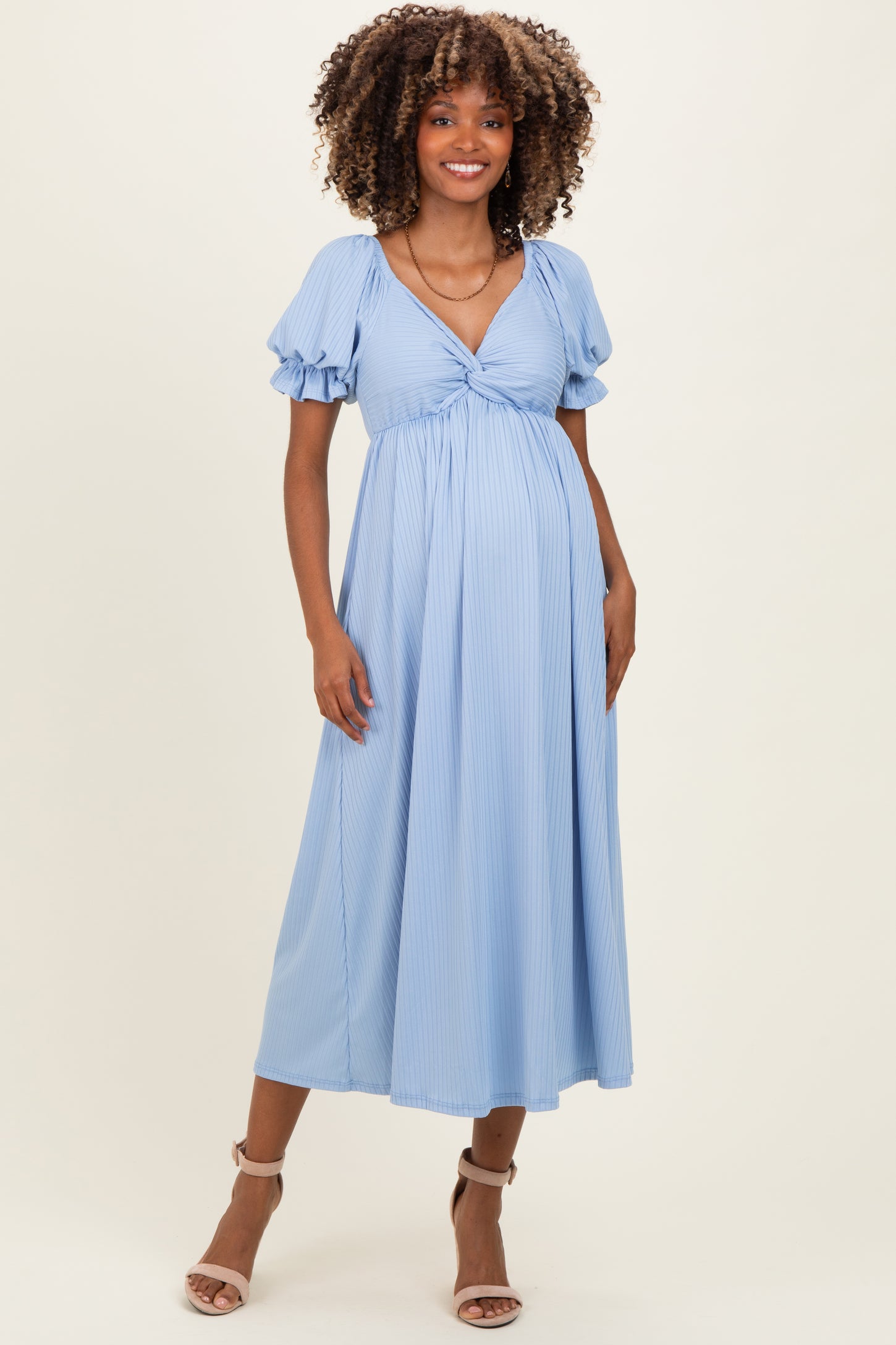 Light Blue Ribbed Short Sleeve Empire Waist V-Neck Maternity Maxi Dress