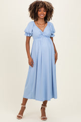 Light Blue Ribbed Short Sleeve Empire Waist V-Neck Maternity Maxi Dress