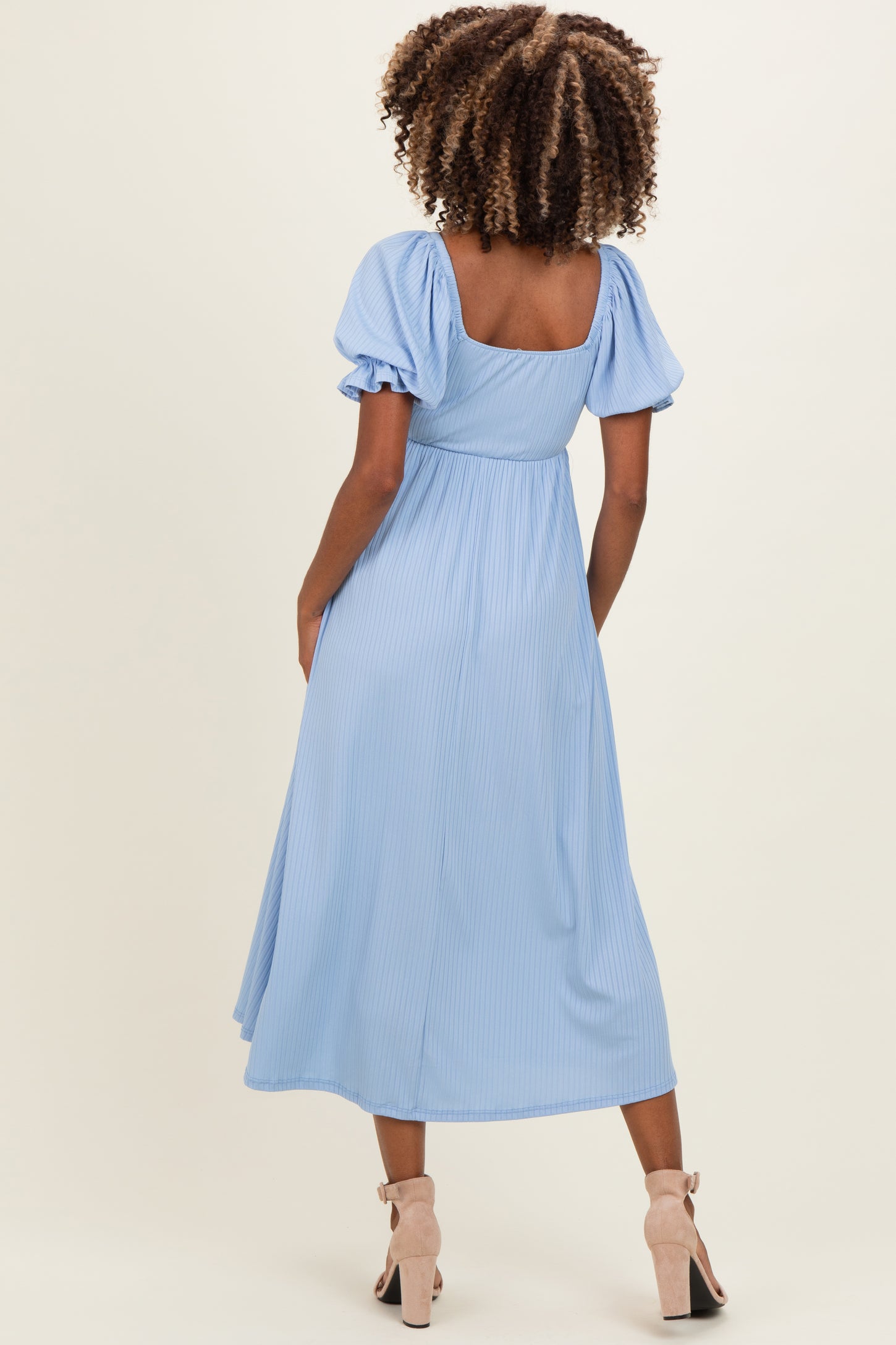Light Blue Ribbed Short Sleeve Empire Waist V-Neck Maternity Maxi Dress