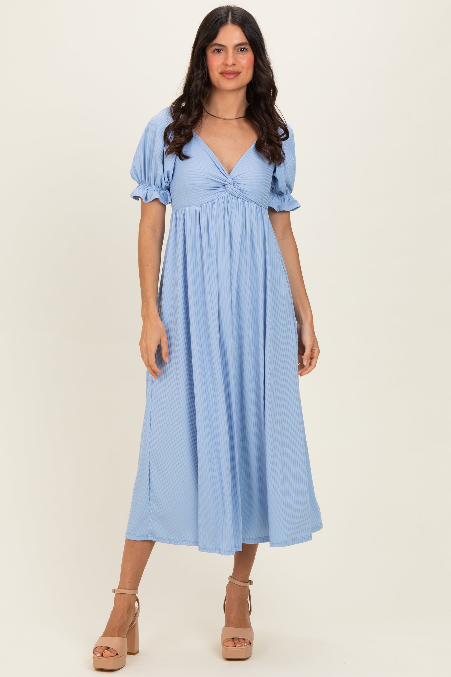 Light Blue Ribbed Short Sleeve Empire Waist V-Neck Maternity Maxi Dress