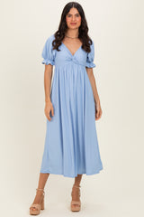 Light Blue Ribbed Short Sleeve Empire Waist V-Neck Maxi Dress