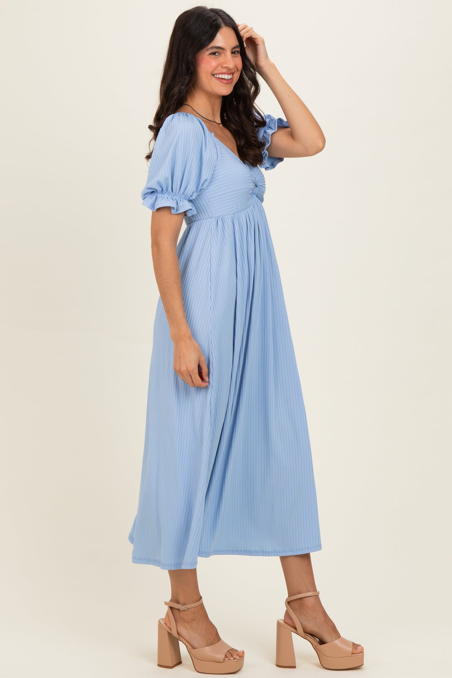 Light Blue Ribbed Short Sleeve Empire Waist V-Neck Maxi Dress