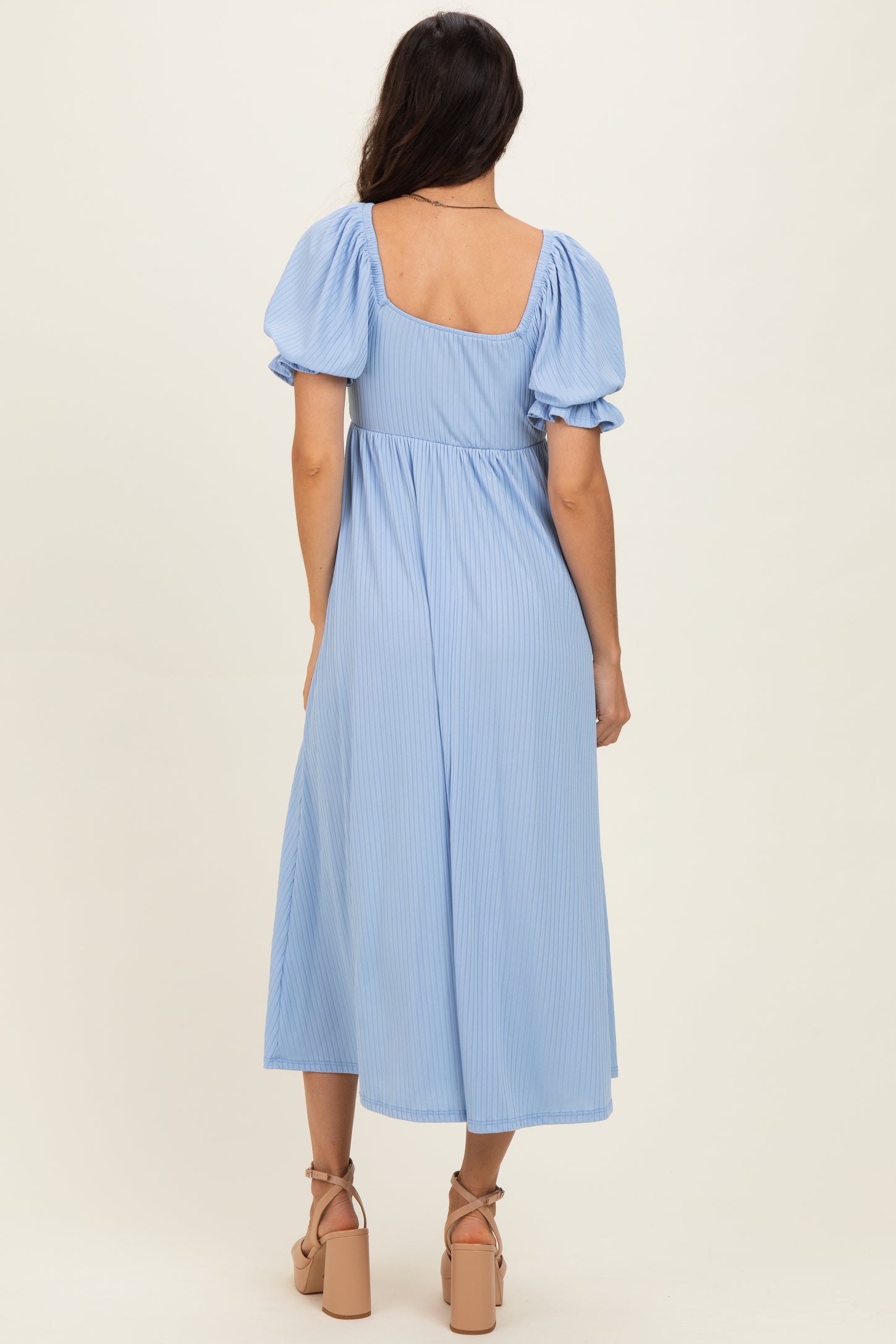 Light Blue Ribbed Short Sleeve Empire Waist V-Neck Maxi Dress