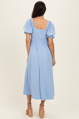 Light Blue Ribbed Short Sleeve Empire Waist V-Neck Maxi Dress