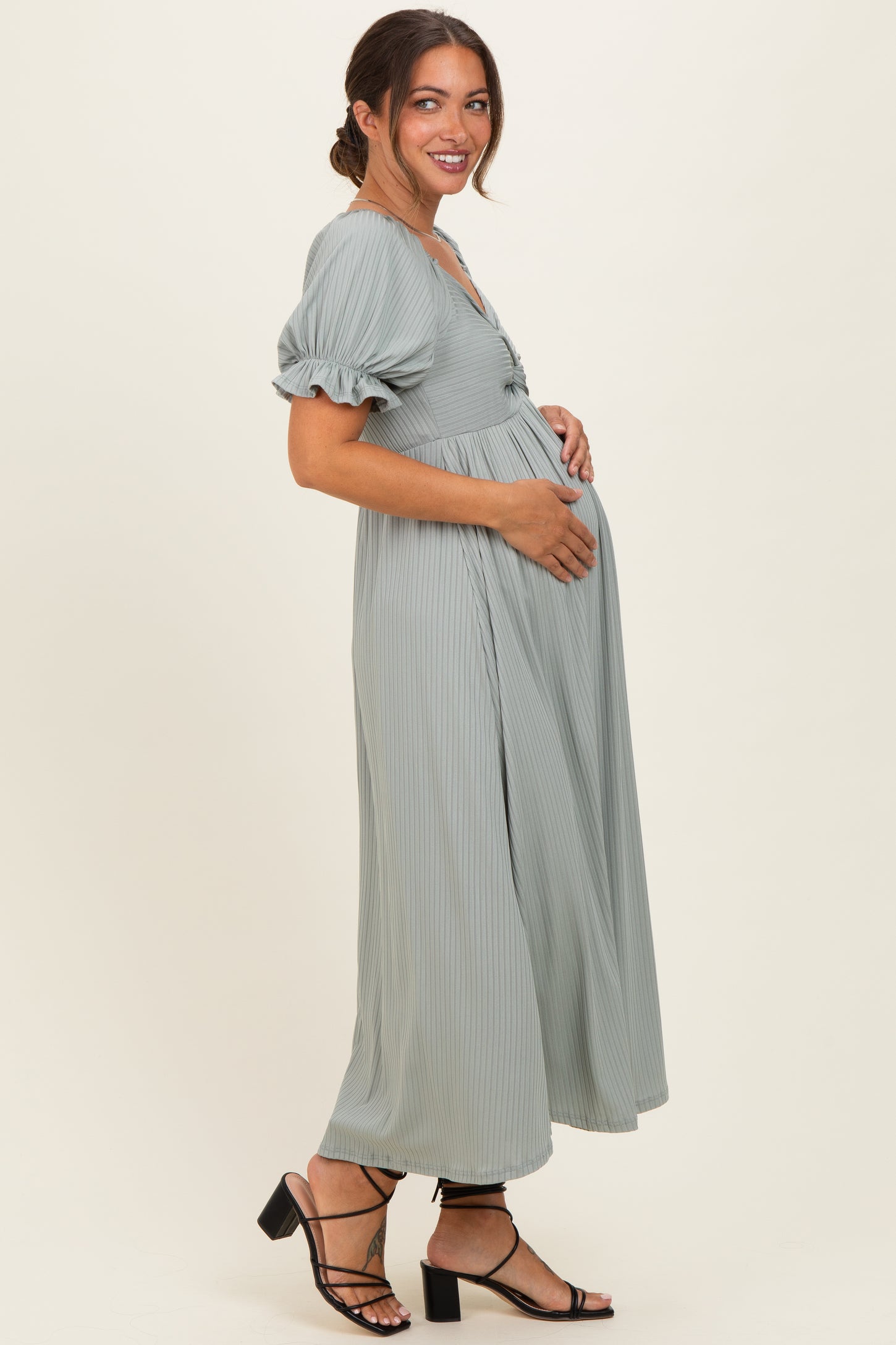 Green Ribbed Short Sleeve Empire Waist V-Neck Maternity Maxi Dress