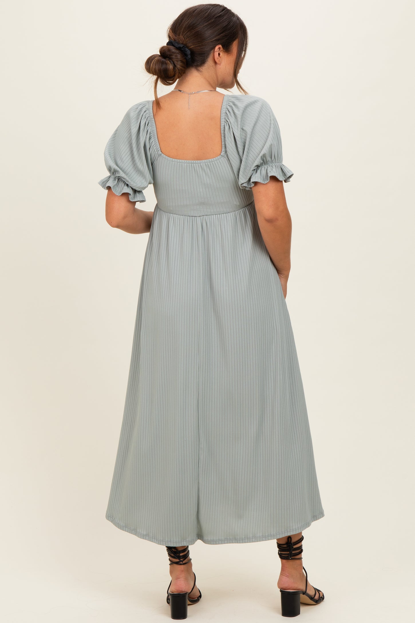 Green Ribbed Short Sleeve Empire Waist V-Neck Maternity Maxi Dress