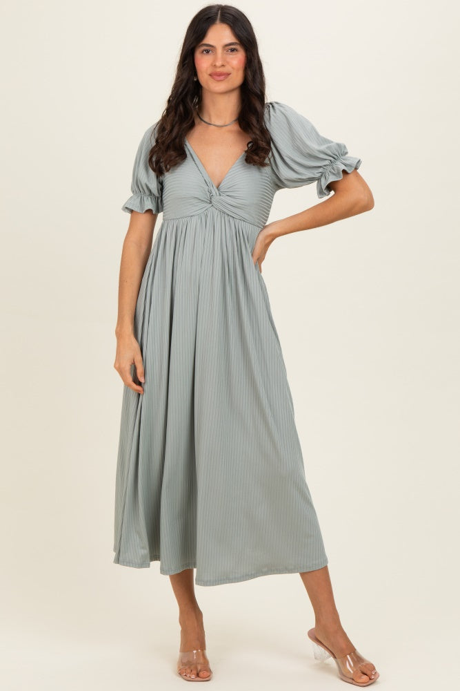 Green Ribbed Short Sleeve Empire Waist V-Neck Maxi Dress