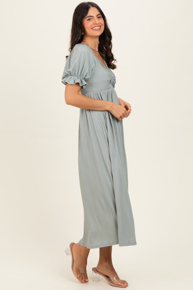 Green Ribbed Short Sleeve Empire Waist V-Neck Maxi Dress