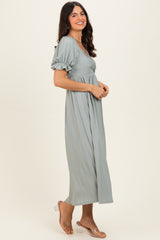 Green Ribbed Short Sleeve Empire Waist V-Neck Maxi Dress