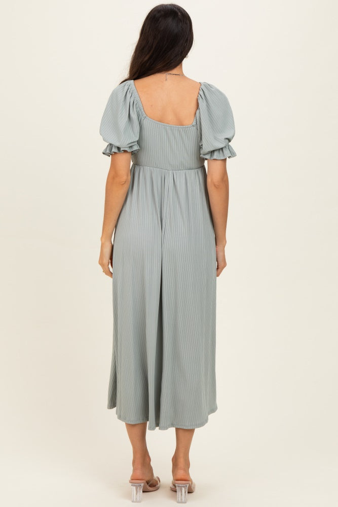 Green Ribbed Short Sleeve Empire Waist V-Neck Maxi Dress