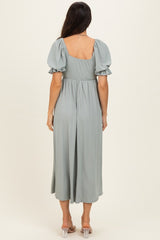 Green Ribbed Short Sleeve Empire Waist V-Neck Maxi Dress