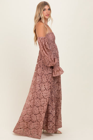 Mauve Lace Off Shoulder Long Sleeve Maxi Dress