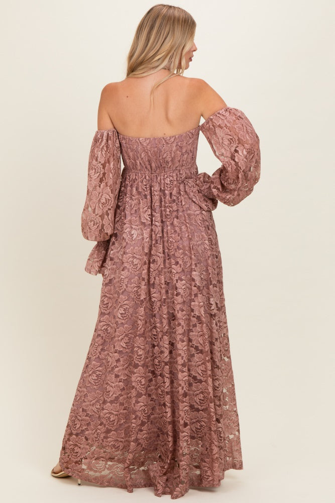 Mauve Lace Off Shoulder Long Sleeve Maxi Dress