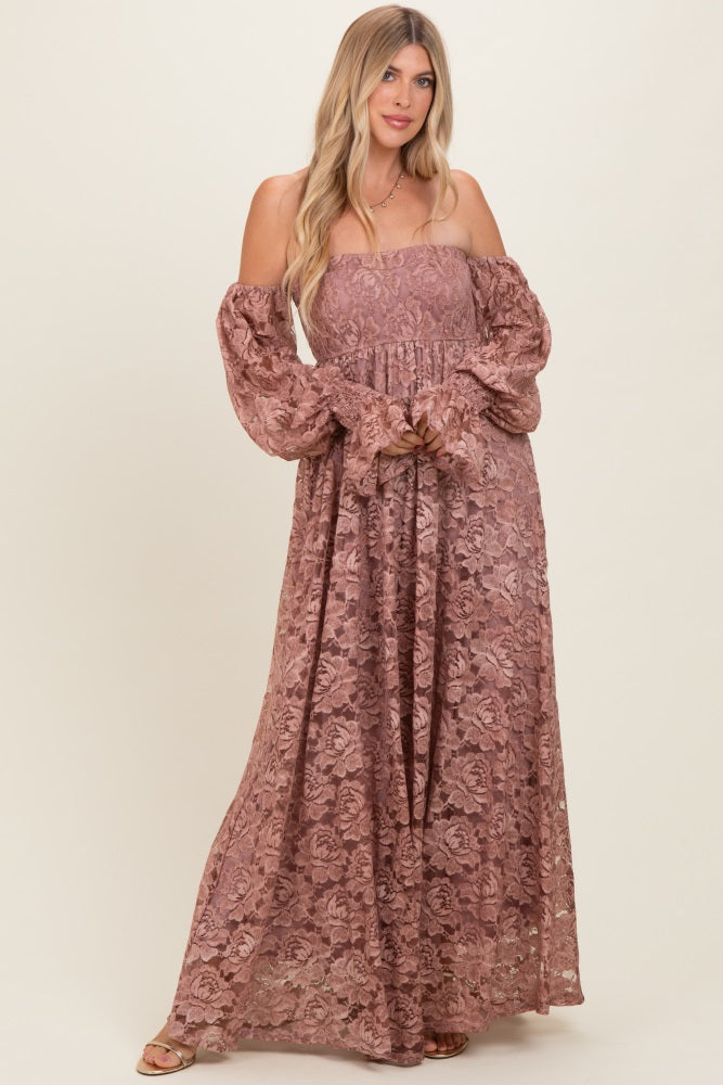 Mauve Lace Off Shoulder Long Sleeve Maxi Dress