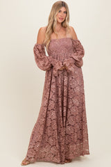 Mauve Lace Off Shoulder Long Sleeve Maternity Maxi Dress