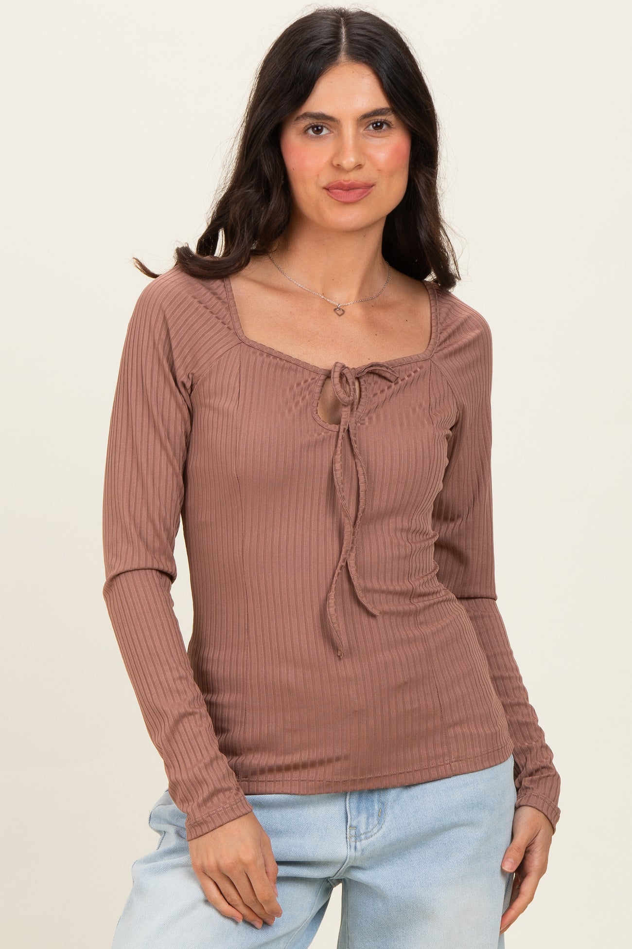 Mocha Ribbed Front Tie Maternity Henley Top