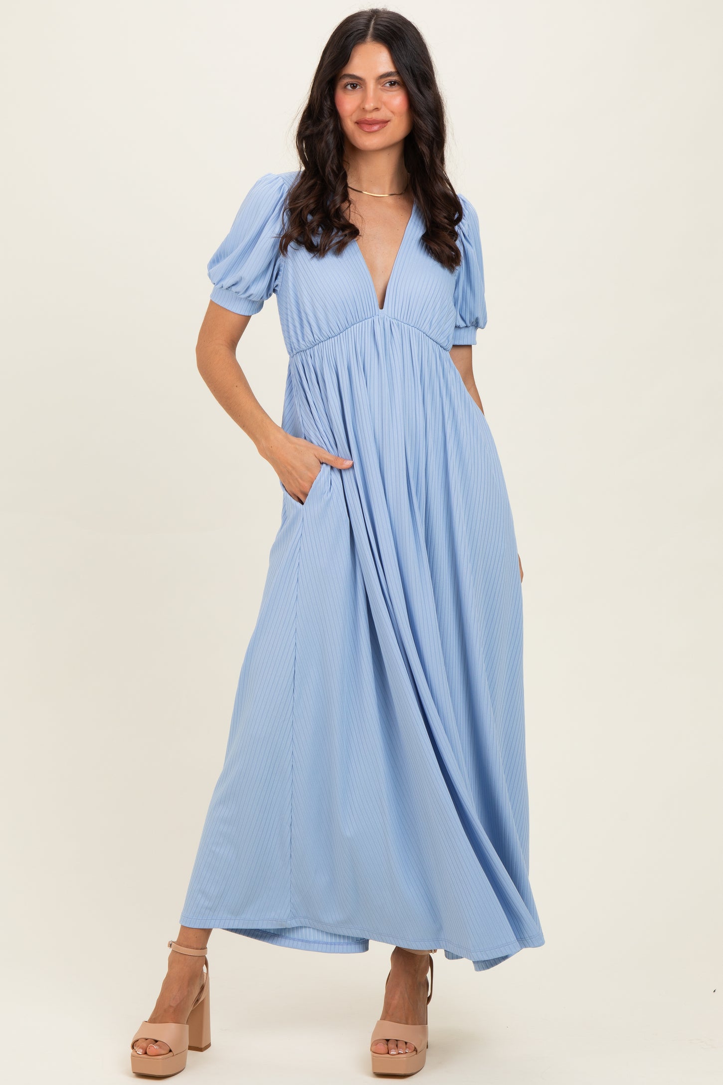 Blue Ribbed Puff Sleeve V-Neck Empire Waist Maternity Maxi Dress
