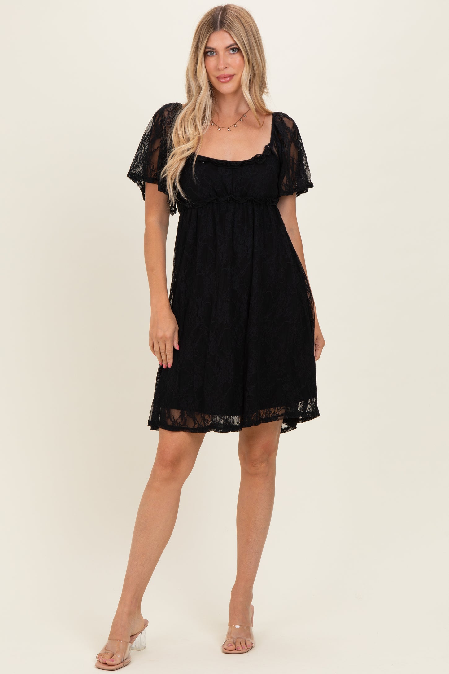 Black Floral Lace Square Neck Ruffle Trim Maternity Maxi Dress